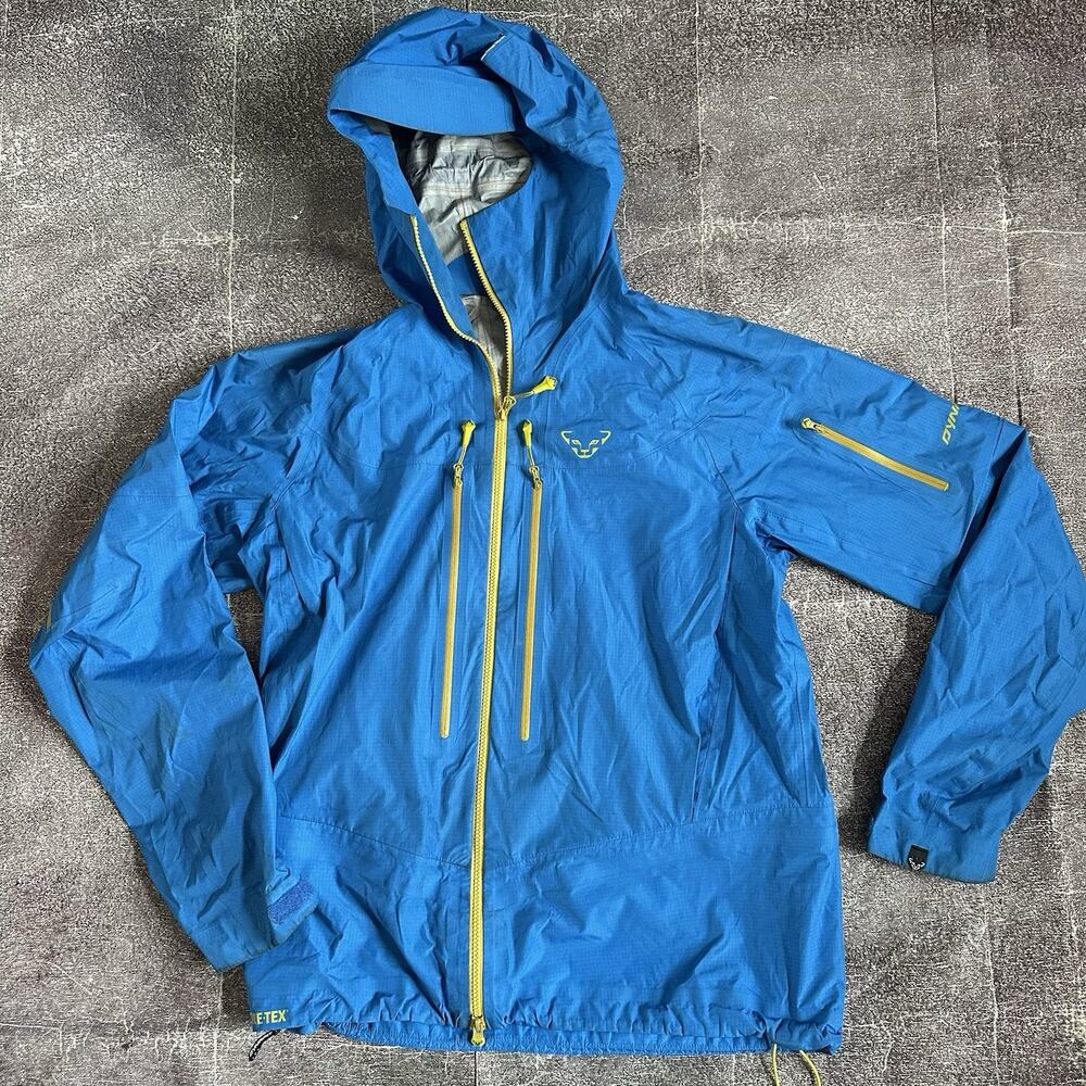 Men's Dynafit Gore Tex Beast Light Blue Yellow Zip Hooded Rain Coat Jacket Sz M